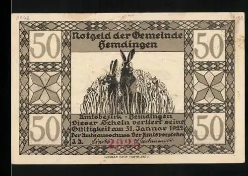 Notgeld Hemdingen 1922, 50 Pfennig, mit Abbildungen von Hasen und Sonnenaufgang