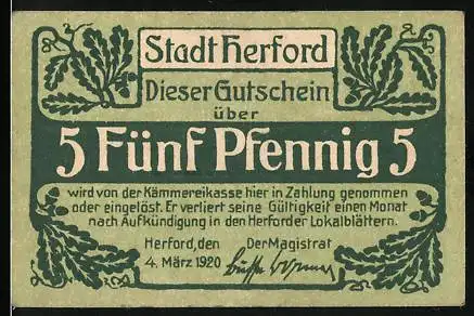 Notgeld Herford 1920, 5 Pfennig, Stadt Herford Gutschein mit Reiterdarstellung und Eichenzweigen