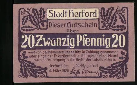 Notgeld Herford 1920, 20 Pfennig, Gutschein mit Reiterdarstellung und Stadtsiegeln