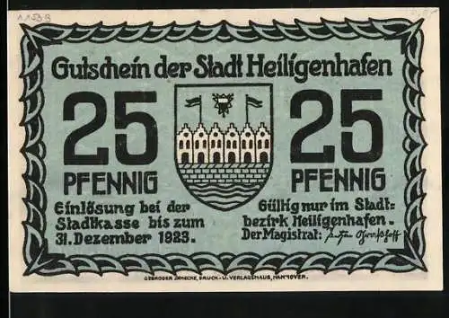 Notgeld Heiligenhafen 1923, 25 Pfennig, Gutschein der Stadt mit Wappen, Landschaftsszene mit Kuh und Booten