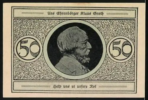 Notgeld Heide, 50 Pfennig, Schein mit Stadtwappen und Porträt von Klaus Groth