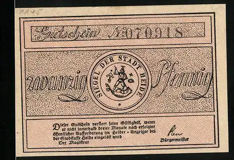 Notgeld Heide, 1921, 20 Pfennig, Siegel der Stadt Heide und Porträt von Klaus Groth