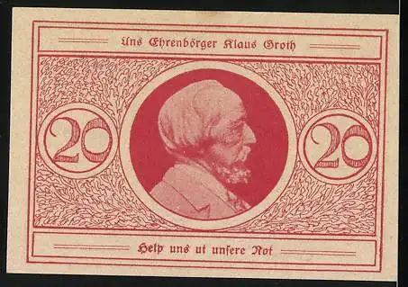 Notgeld Heide, 1921, 20 Pfennig, Siegel der Stadt Heide und Porträt von Klaus Groth