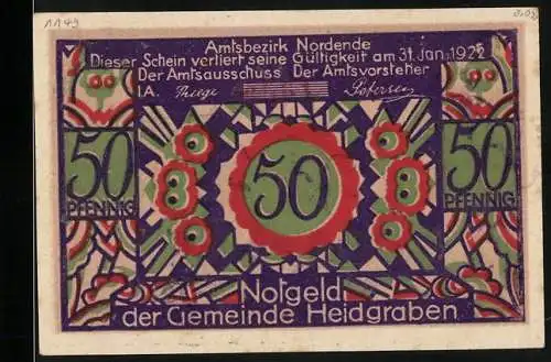 Notgeld Heidgraben, 1921, 50 Pfennig, Vorderseite geometrische Muster und Blumen, Rückseite Knab mit Mädchen und Rosen