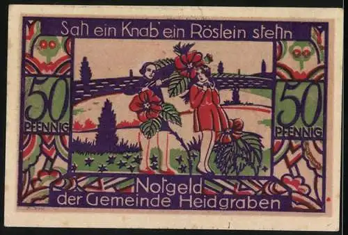 Notgeld Heidgraben, 1921, 50 Pfennig, Vorderseite geometrische Muster und Blumen, Rückseite Knab mit Mädchen und Rosen