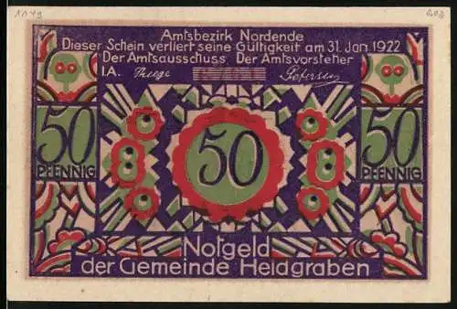 Notgeld Heidgraben, 1922, 50 Pfennig, florales Design und Szene mit Knabe und Mädchen