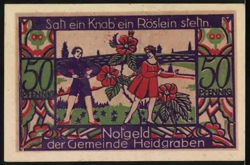 Notgeld Heidgraben, 1922, 50 Pfennig, florales Design und Szene mit Knabe und Mädchen