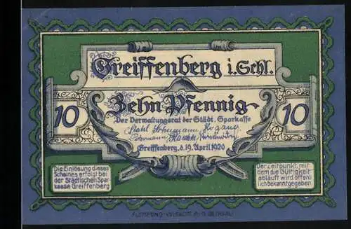 Notgeld Greiffenberg i. Schl., 1920, Zehn Pfennig, Burg Greiffenstein und Gottsche Schof schlägt den Greif