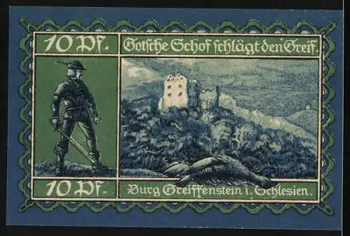 Notgeld Greiffenberg i. Schl., 1920, Zehn Pfennig, Burg Greiffenstein und Gottsche Schof schlägt den Greif