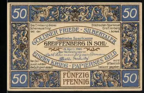 Notgeld Greiffenberg in Schlesien 1920, 50 Pfennig, Goldner Friede Silbertaler Eisen Krieg Papierenes Geld