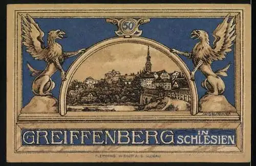 Notgeld Greiffenberg in Schlesien 1920, 50 Pfennig, Goldner Friede Silbertaler Eisen Krieg Papierenes Geld