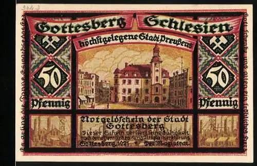 Notgeld Gottesberg, 1921, 50 Pfennig, höchstgelegene Stadt Preussens, Stadtansicht und Stadtwappen, Industriegebäude