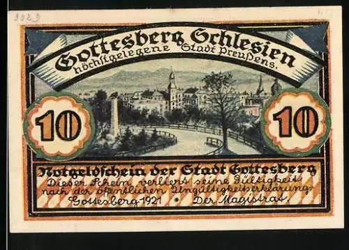 Notgeld Gottesberg, 1921, 10 Pfennig, malerische Stadtansicht und Bergbau-Symbolik mit Glück auf!