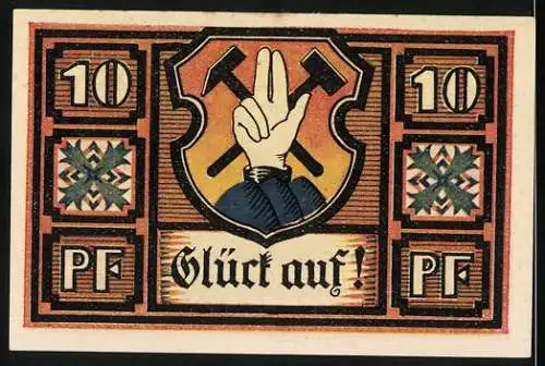 Notgeld Gottesberg, 1921, 10 Pfennig, malerische Stadtansicht und Bergbau-Symbolik mit Glück auf!