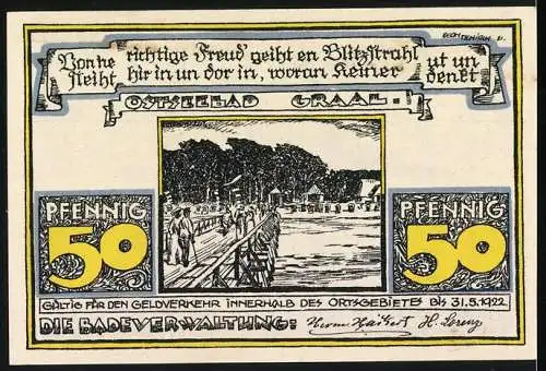 Notgeld Ostseebad Graal 1922, 50 Pfennig, Landschaft mit Bäumen und Strand, Badeverwaltung