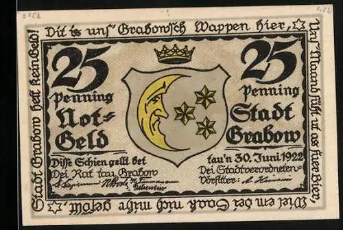 Notgeld Grabow, 1922, 25 Pfennig, Vorderseite mit Stadtwappen und Rückseite mit Bauern Karikatur