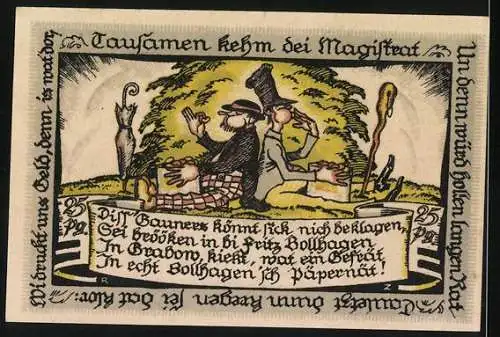 Notgeld Grabow, 1922, 25 Pfennig, Vorderseite mit Stadtwappen und Rückseite mit Bauern Karikatur