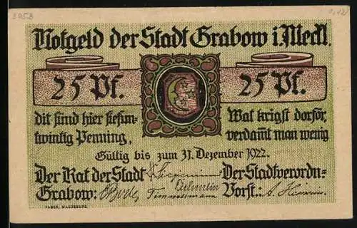 Notgeld Grabow 1922, 25 Pfennig, dekorativer Schein mit Stadtwappen und Hafenansicht