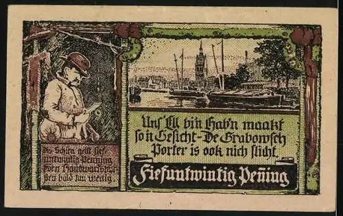 Notgeld Grabow 1922, 25 Pfennig, dekorativer Schein mit Stadtwappen und Hafenansicht