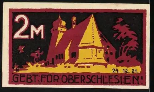 Notgeld Helmstedt, 1921, 2 Mark, Rotes Kreuz und Kirche, Gebt für Oberschlesien!