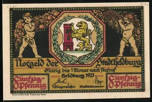 Notgeld Heldburg 1921, 50 Pfennig, Löwenwappen und Schloss Illustration