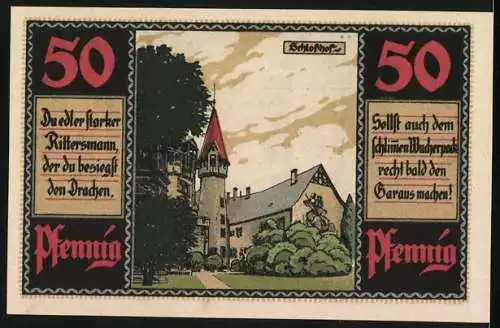 Notgeld Heldburg 1921, 50 Pfennig, Löwenwappen und Schloss Illustration