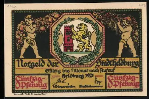 Notgeld Heldburg, 1921, 50 Pfennig, Löwenwappen und Landschaft mit Stadtansicht