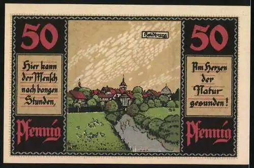 Notgeld Heldburg, 1921, 50 Pfennig, Löwenwappen und Landschaft mit Stadtansicht