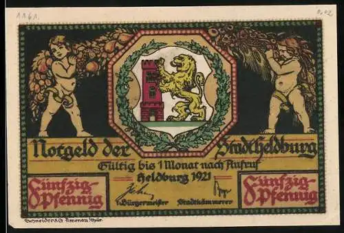 Notgeld Heldburg 1921, 50 Pfennig, Löwenwappen und Fachwerkhaus