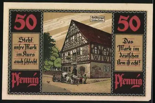 Notgeld Heldburg 1921, 50 Pfennig, Löwenwappen und Fachwerkhaus