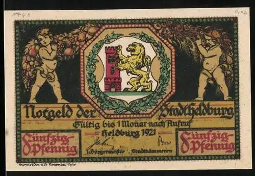 Notgeld Heldburg 1921, 50 Pfennig, Stadtwappen mit Löwe und Schlossansicht