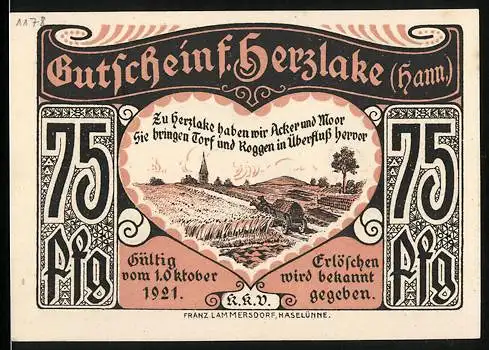 Notgeld Herzlake, 1921, 75 Pfennig, Landschafts- und Ortsansicht, Acker und Moor, gültig ab 1. Oktober