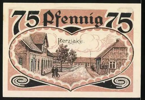 Notgeld Herzlake, 1921, 75 Pfennig, Landschafts- und Ortsansicht, Acker und Moor, gültig ab 1. Oktober