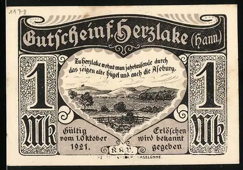 Notgeld Herzlake 1921, 1 Mark, Gutschein mit Landschaft und Dorfansicht