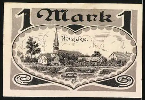 Notgeld Herzlake 1921, 1 Mark, Gutschein mit Landschaft und Dorfansicht