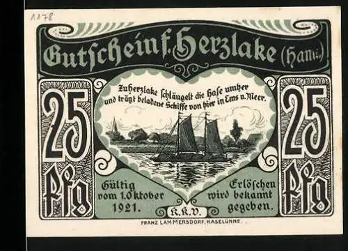 Notgeld Herzlake 1921, 25 Pfennig, Segelschiffe und Stadtansicht