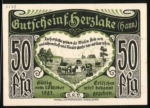 Notgeld Herzlake 1921, 50 Pfennig, Landschafts- und Dorfszene, grün-schwarz