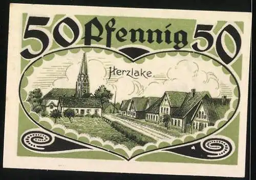 Notgeld Herzlake 1921, 50 Pfennig, Landschafts- und Dorfszene, grün-schwarz