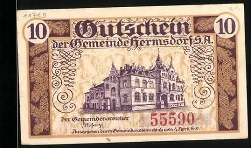 Notgeld Hermsdorf 1919, 10 Pfennig, Gutschein der Gemeinde Hermsdorf S.A. mit Gebäudeabbildung und Seriennummer 55590