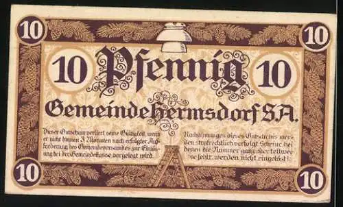 Notgeld Hermsdorf 1919, 10 Pfennig, Gutschein der Gemeinde Hermsdorf S.A. mit Gebäudeabbildung und Seriennummer 55590