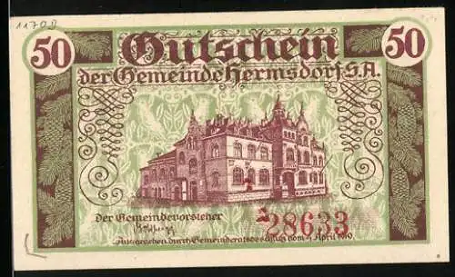 Notgeld Hermsdorf, 1920, 50 Pfennig, Gutschein der Gemeinde Hermsdorf S.A., Gebäudemotiv, Seriennummer 29633