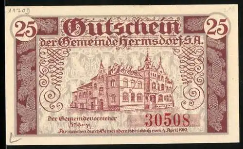 Notgeld Hermsdorf, 1919, 25 Pfennig, Gutschein der Gemeinde Hermsdorf S.A., Gebäudeabbildung, Tannenzweige und Text