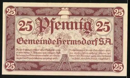 Notgeld Hermsdorf, 1919, 25 Pfennig, Gutschein der Gemeinde Hermsdorf S.A., Gebäudeabbildung, Tannenzweige und Text