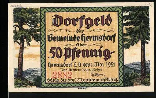 Notgeld Hermsdorf 1921, 50 Pfennig, Dorfgeld mit Bäumen, Dorfansicht, Holz- und Porzellanindustrie