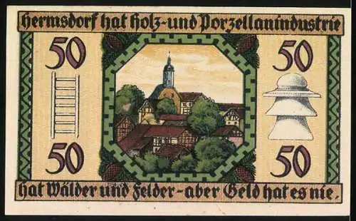 Notgeld Hermsdorf 1921, 50 Pfennig, Dorfgeld mit Bäumen, Dorfansicht, Holz- und Porzellanindustrie