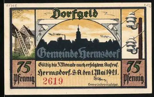 Notgeld Hermsdorf, 1921, 75 Pfennig, Dorfgeld mit Dorfsilhouette und Rettungsszene im Wald