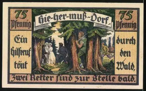 Notgeld Hermsdorf, 1921, 75 Pfennig, Dorfgeld mit Dorfsilhouette und Rettungsszene im Wald