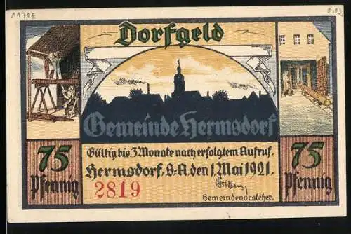 Notgeld Hermsdorf, 1921, 75 Pfennig, Dorfgeld der Gemeinde Hermsdorf mit Dorfansicht und Waldszene