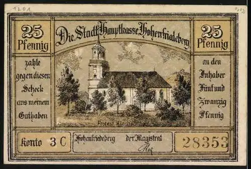 Notgeld Hohenfriedeberg, 25 Pfennig, Rathaus und Protest. Kirche, Konto 3C, Seriennummer 28353