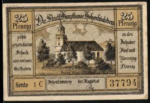 Notgeld Hohenfriedeberg, 1921, 25 Pfennig, Protestantische Kirche und Stadtansicht